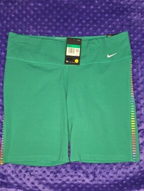 Nike Women's Emerald Green Bike Shorts with Rainbow Side Trim